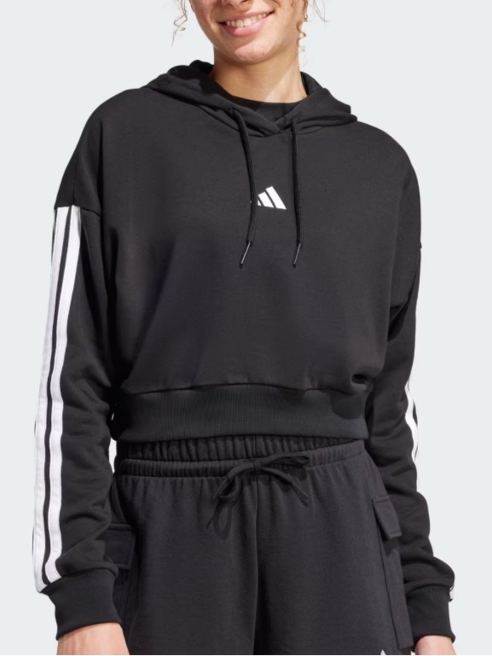 Adidas Medium Black Cropped Hoodie with White Stripe Detail